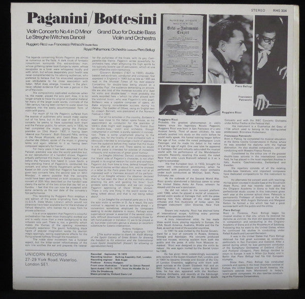 Niccolò Paganini, Giovanni Bottesini, Ruggiero Ricci, Francesco Petracchi, Royal Philharmonic Orchestra, Piero Bellugi – Violin Concerto No.4 In D Minor, Le Streghe (Witches Dance) / Grand Duo For Double Bass Violin And Orchestra LP vinyl record, image 2 of 4