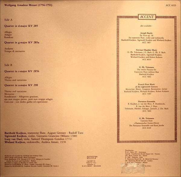 Wolfgang Amadeus Mozart, Barthold Kuijken, Sigiswald Kuijken, Lucy Van Dael, Wieland Kuijken – Flute Quartets LP vinyl record, image 2 of 6