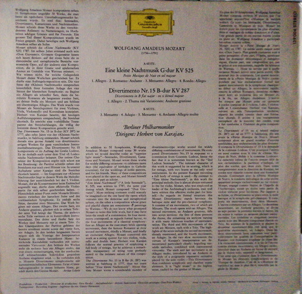 Wolfgang Amadeus Mozart, Berliner Philharmoniker, Herbert von Karajan – Eine Kleine Nachtmusik, Divertimento KV 287 LP vinyl record, image 2 of 4