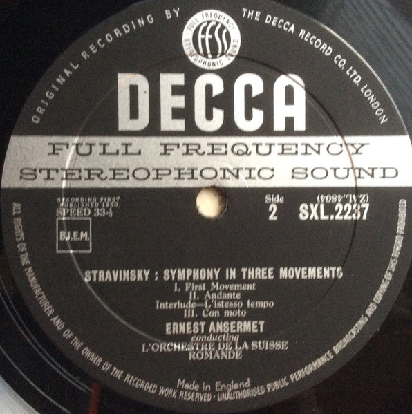 Igor Stravinsky, Ernest Ansermet, L'Orchestre De La Suisse Romande – Symphony In C / Symphony In 3 Movements LP vinyl record, image 5 of 6