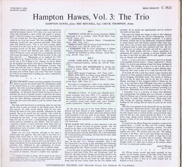 Hampton Hawes – Everybody Likes Hampton Hawes, Vol. 3: The Trio LP vinyl record, image 2 of 6