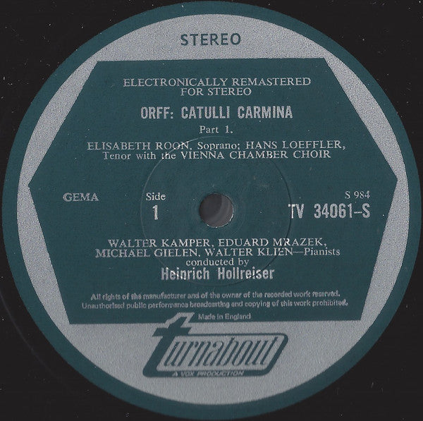Carl Orff, Elisabeth Roon, Hans Loeffler, Wiener Kammerchor, Heinrich Hollreiser – Catulli Carmina LP vinyl record, image 3 of 4