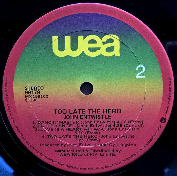 John Entwistle – Too Late The Hero LP vinyl record, image 7 of 7