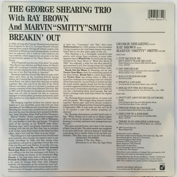 George Shearing Trio, Ray Brown, Marvin "Smitty" Smith – Breakin' Out LP vinyl record, image 2 of 4