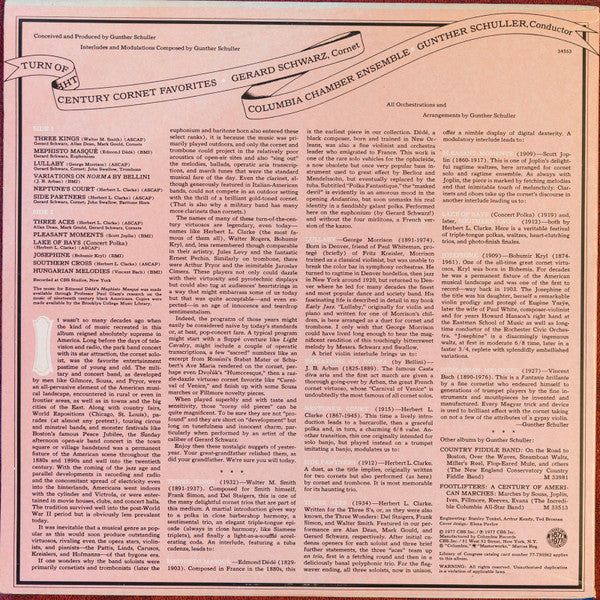 Gunther Schuller, Gerard Schwarz – Turn Of The Century Cornet Favorites LP vinyl record, image 2 of 4