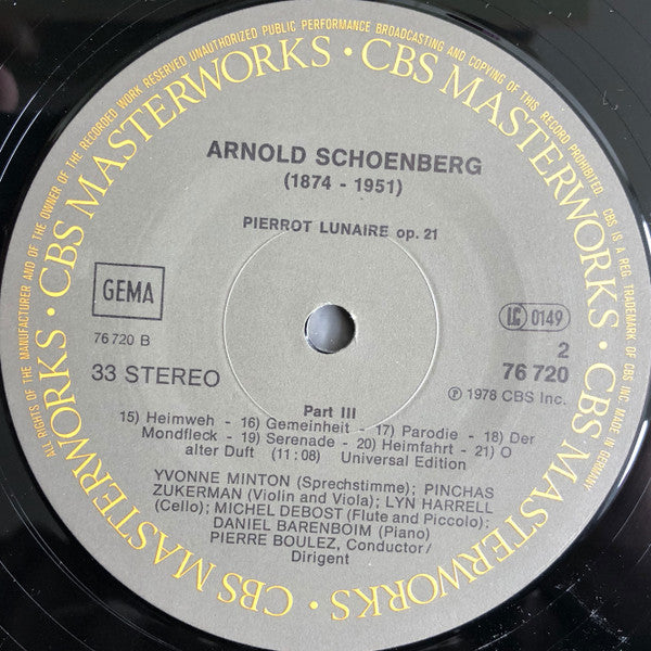 Arnold Schoenberg, Pierre Boulez, Pinchas Zukerman, Lynn Harrell, Michel Debost, Antony Pay, Daniel Barenboim, Yvonne Minton – Pierrot Lunaire LP vinyl record, image 5 of 6