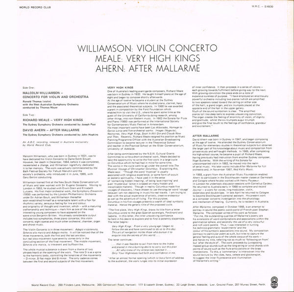 Malcolm Williamson, Richard Meale, David Ahern – Violin Concerto / Very High Kings / After Mallarme LP vinyl record, image 2 of 4