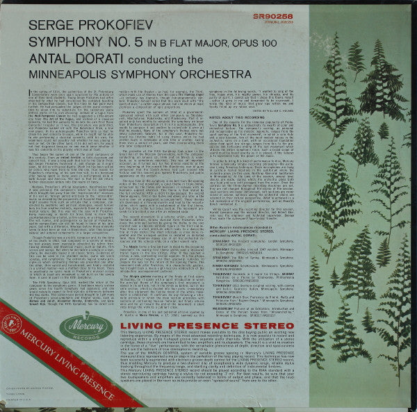 Sergei Prokofiev, Antal Dorati, Minneapolis Symphony Orchestra – Symphony No. 5, Opus 100 LP vinyl record, image 2 of 3