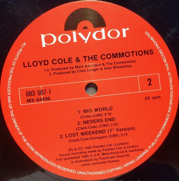 Lloyd Cole & The Commotions – Lost Weekend (Extended Version) 12" vinyl record, image 4 of 4