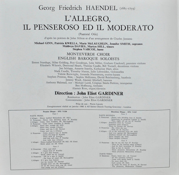 Georg Friedrich Händel, The Monteverdi Choir, The English Baroque Soloists, John Eliot Gardiner – L'Allegro, Il Penseroso Ed Il Moderato LP vinyl record, image 4 of 8