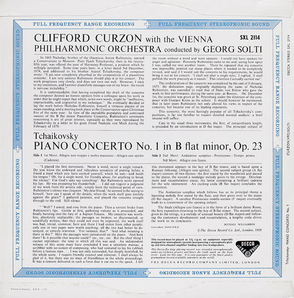 Pyotr Ilyich Tchaikovsky, Clifford Curzon, Wiener Philharmoniker, Georg Solti – Piano Concerto No. 1 LP vinyl record, image 2 of 4
