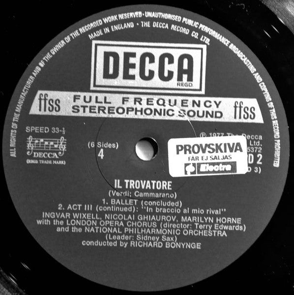 Giuseppe Verdi, Richard Bonynge, National Philharmonic Orchestra, Luciano Pavarotti, Joan Sutherland, Marilyn Horne, Ingvar Wixell, Nicolai Ghiaurov – Il Trovatore (3xLP) LP vinyl record, image 3 of 3