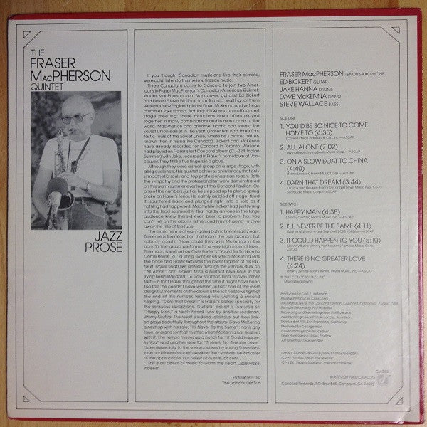Fraser MacPherson, Ed Bickert, Jake Hanna, Dave McKenna, Steve Wallace – The Fraser MacPherson Quintet - Jazz Prose LP vinyl record, image 2 of 4