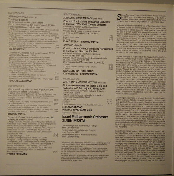 Pinchas Zukerman, Isaac Stern, Itzhak Perlman, Shlomo Mintz, Israel Philharmonic Orchestra, Zubin Mehta, Antonio Vivaldi, Johann Sebastian Bach, Wolfgang Amadeus Mozart – The Four Seasons · Concerto For 4 Violins / Double Concerto / Sinfonia... (2xLP) LP vinyl record, image 2 of 8