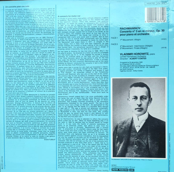 Sergei Rachmaninoff, Vladimir Horowitz, London Symphony Orchestra, Albert Coates – Concerto N° 3 En Ré Mineur, Op. 30 Pour Piano Et Orchestre LP vinyl record, image 2 of 4