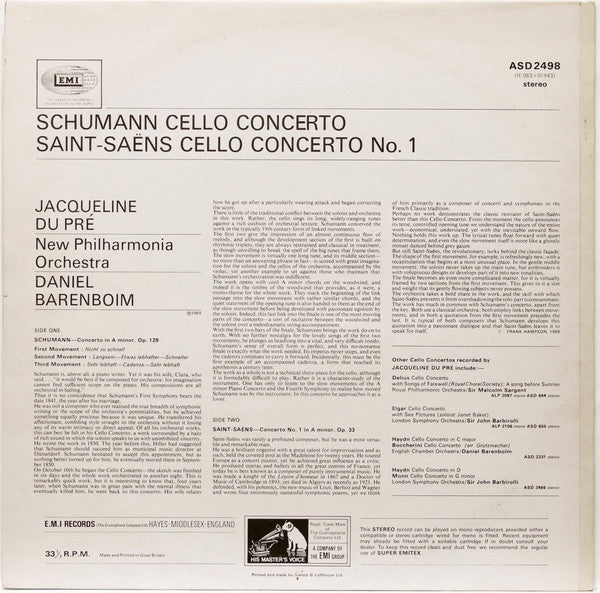 Robert Schumann, Camille Saint-Saëns, Jacqueline Du Pré, Daniel Barenboim, New Philharmonia Orchestra – Cello Concerto In A Minor, Cello Concerto No.1 In A Minor LP vinyl record, image 2 of 3