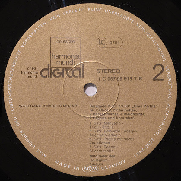 Wolfgang Amadeus Mozart, Mitglieder Des Collegium Aureum – Serenade B-Dur KV 361 'Gran Partita' LP vinyl record, image 4 of 4