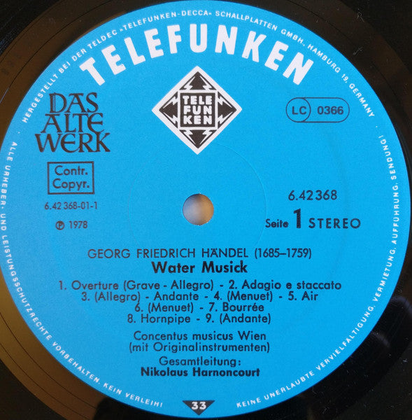 Georg Friedrich Händel, Concentus Musicus Wien, Nikolaus Harnoncourt – Water Musick LP vinyl record, image 5 of 6