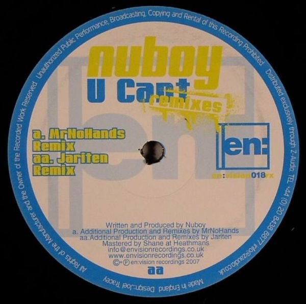 Nu Boy – U Cant (Remixes) 12" vinyl record, image 1 of 2