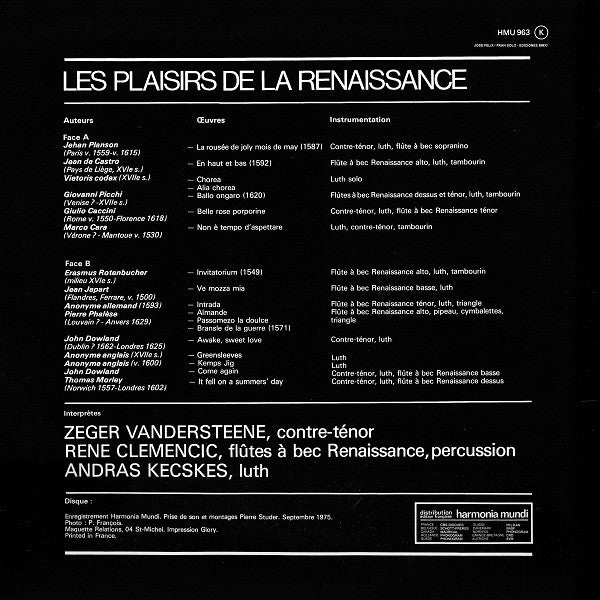 Clemencic Trio – Les Plaisirs De La Renaissance. Danses Et Chansons LP vinyl record, image 2 of 6