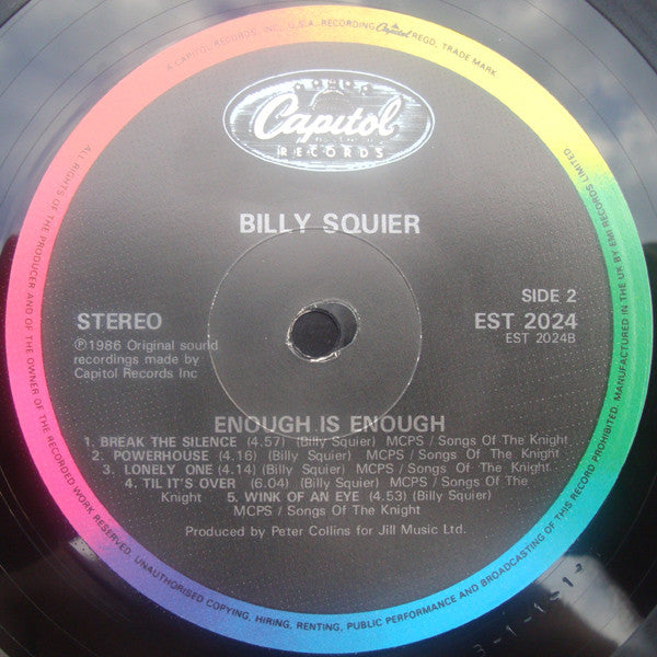 Billy Squier – Enough Is Enough LP vinyl record, image 4 of 4