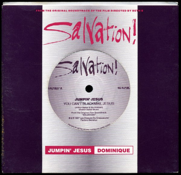 Jumpin' Jesus, Dominique Davalos – You Can't Blackmail Jesus / Play The Beat 7" vinyl record, image 1 of 2