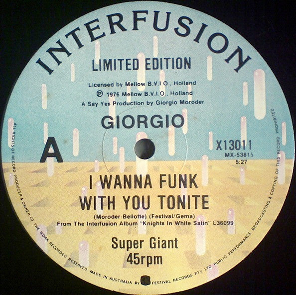 Giorgio Moroder – I Wanna Funk With You Tonite / Knights In White Satin 12" vinyl record, image 1 of 2