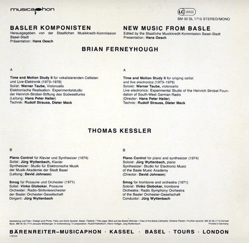 Thomas Kessler, Brian Ferneyhough – Basler Komponisten New Music From Basle LP vinyl record, image 2 of 2