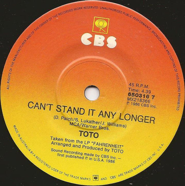 Toto – Without Your Love 7" vinyl record, image 2 of 3