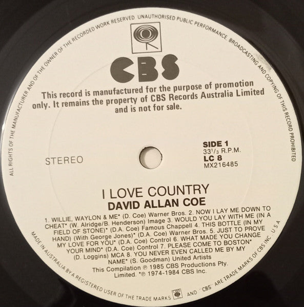 David Allan Coe – I Love Country LP vinyl record, image 3 of 4