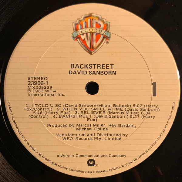 David Sanborn – Backstreet LP vinyl record, image 3 of 4