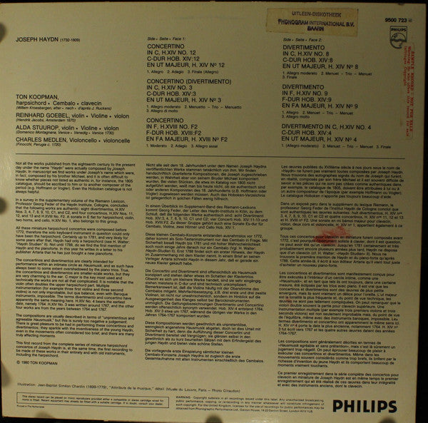 Joseph Haydn, Ton Koopman, Reinhard Goebel, Alda Stuurop, Charles Medlam – Concertini & Divertimenti Vol. = Folge I Hob. XIV: 3, 4, 8, 9 & 12 / Hob. XVIII: F2 LP vinyl record, image 2 of 4