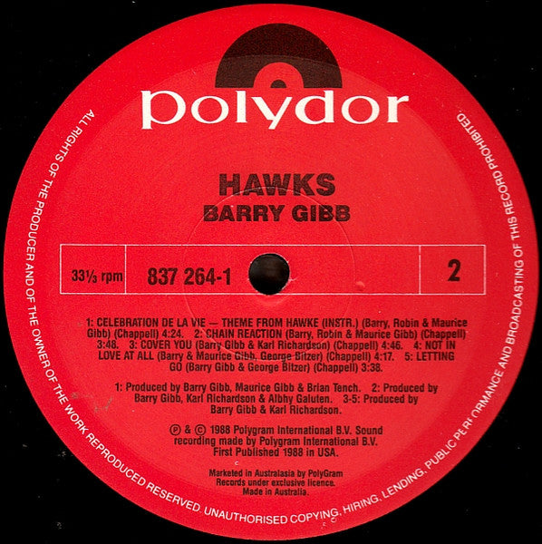 Barry Gibb – Music From The Original Soundtrack 'Hawks' LP vinyl record, image 6 of 6
