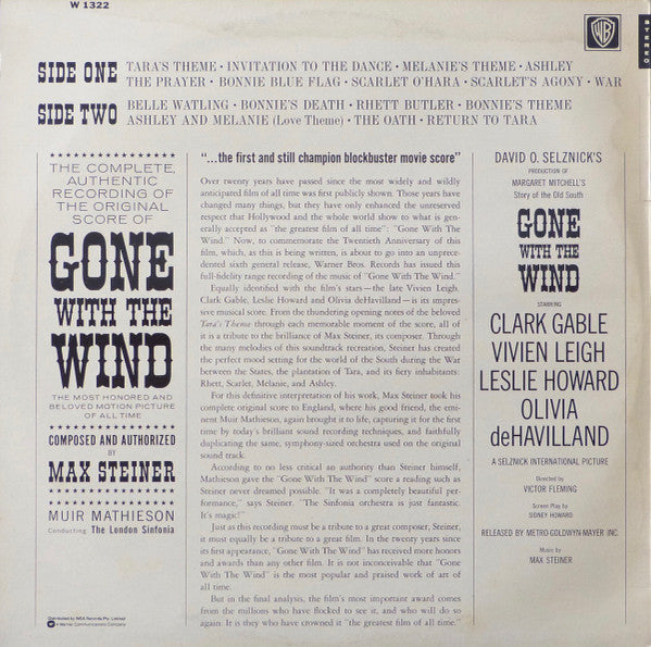 Max Steiner, Muir Mathieson, Sinfonia Of London – Gone With The Wind LP vinyl record, image 2 of 4
