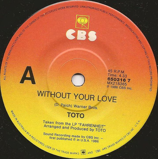 Toto – Without Your Love 7" vinyl record, image 1 of 3