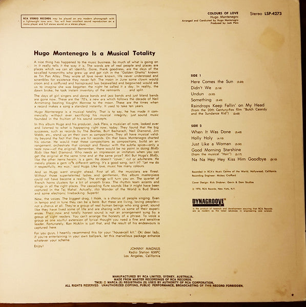 Hugo Montenegro – Colours Of Love LP vinyl record, image 2 of 4