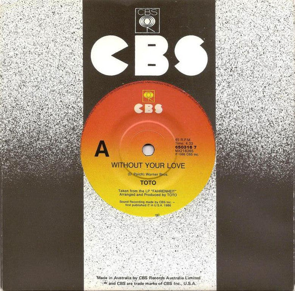 Toto – Without Your Love 7" vinyl record, image 3 of 3
