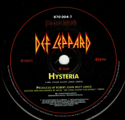 Def Leppard – Hysteria 7" vinyl record, image 1 of 2