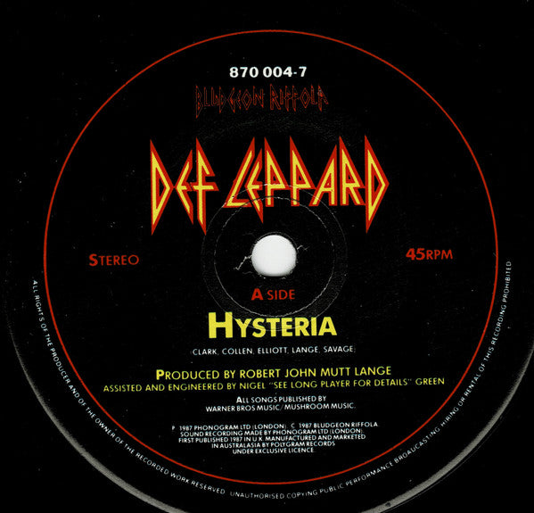 Def Leppard – Hysteria 7" vinyl record, image 1 of 2