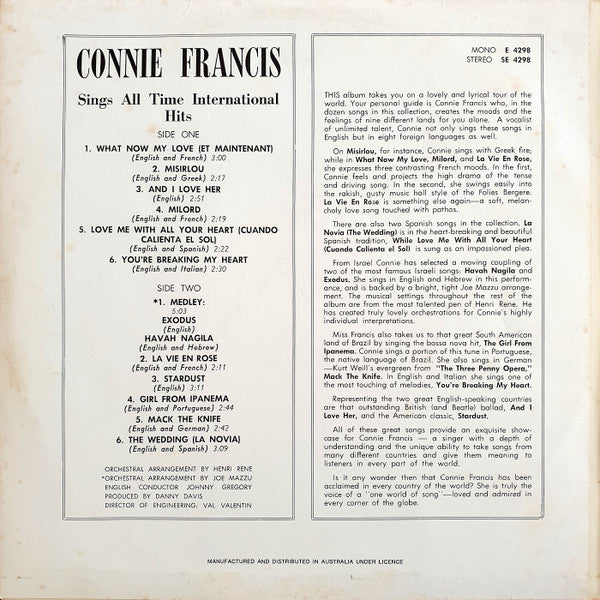 Connie Francis – Connie Francis Sings The All Time International Hits LP vinyl record, image 2 of 4