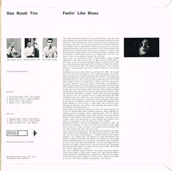 Don Randi Trio – Feelin' Like Blues LP vinyl record, image 2 of 6