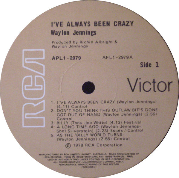Waylon Jennings – I've Always Been Crazy LP vinyl record, image 3 of 4
