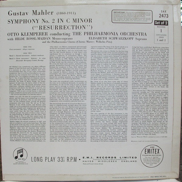 Gustav Mahler, Otto Klemperer, Philharmonia Orchestra, Philharmonia Chorus, Elisabeth Schwarzkopf, Hilde Rössel-Majdan – Symphony No. 2 (2xLP) LP vinyl record, image 2 of 8