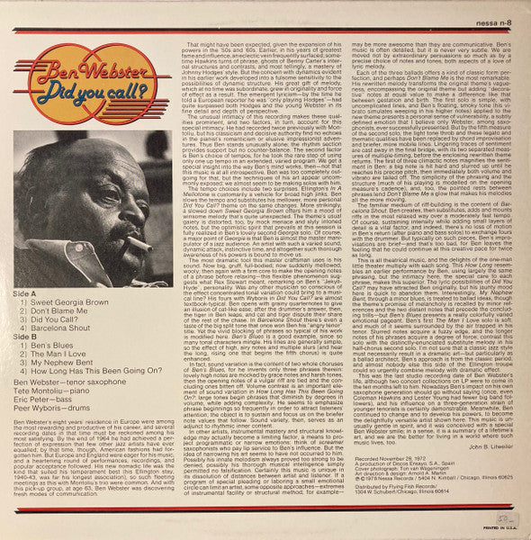 Ben Webster, Tete Montoliu – Did You Call? LP vinyl record, image 2 of 4