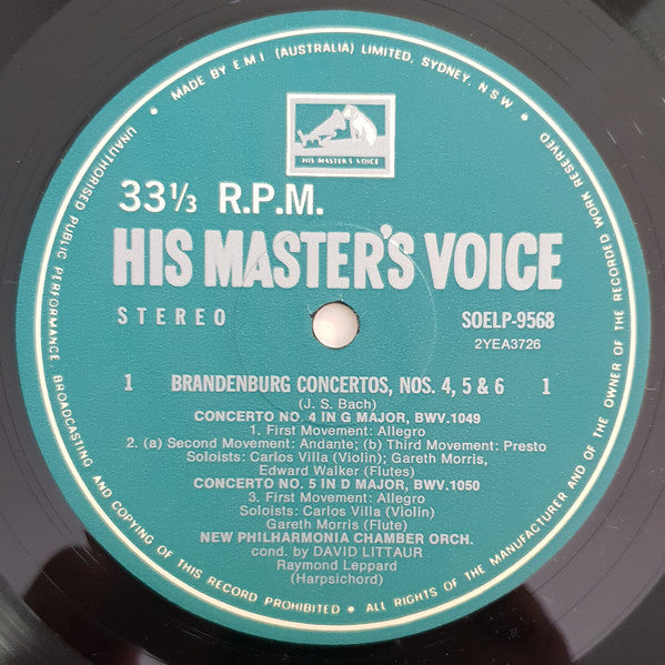 Johann Sebastian Bach, Carlos Villa, Gareth Morris, Raymond Leppard, New Philharmonia Chamber Orchestra, David Littaur – Brandenburg Concertos Nos. 4, 5 & 6 LP vinyl record, image 3 of 4