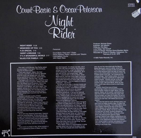 Count Basie, Oscar Peterson – Night Rider LP vinyl record, image 2 of 4