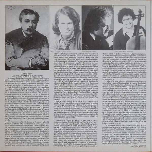Gabriel Fauré, Jean-Philippe Collard, Augustin Dumay, Bruno Pasquier, Frédéric Lodéon, Jacques Ghestem, Gérard Caussé, Pierre Penassou – Les Quatuors Avec Piano LP vinyl record, image 2 of 6