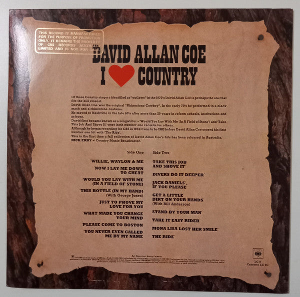 David Allan Coe – I Love Country LP vinyl record, image 2 of 4