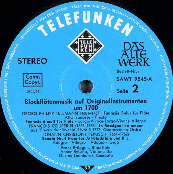 Jean-Baptiste Loeillet, Jacob Jan Van Eyck, Georg Philipp Telemann, François Couperin, Robert Carr, Johann Christoph Pepusch – Blockflötenmusik Auf Originalinstrumenten Um 1700 / Recorder Music With Original Instruments II 1700 LP vinyl record, image 5 of 5