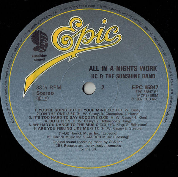 KC & The Sunshine Band – All In A Night's Work LP vinyl record, image 4 of 4